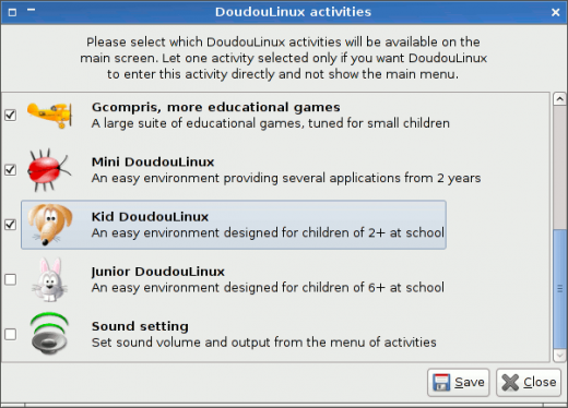 Setting the menu of activities